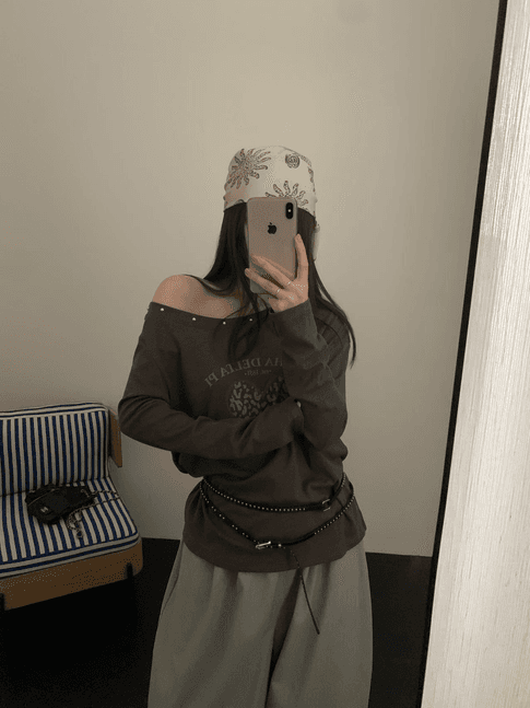 실사 26 가을 켜기 새로운 비스듬한 어깨 핫걸 t 긴팔 티셔츠 벨트 포함 이미지 2