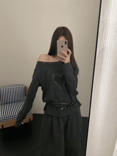 실사 26 가을 켜기 새로운 비스듬한 어깨 핫걸 t 긴팔 티셔츠 벨트 포함 이미지 3
