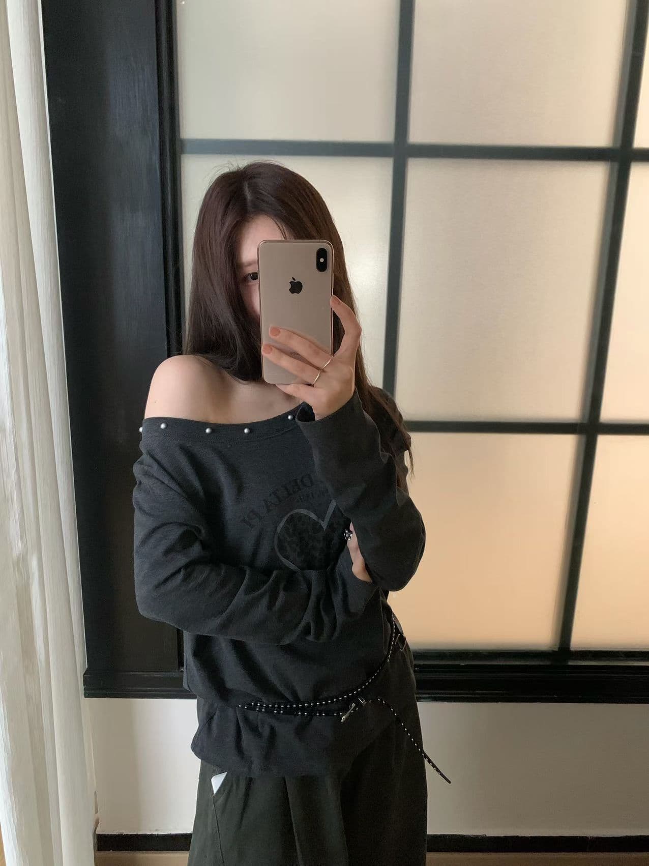 실사 26 가을 켜기 새로운 비스듬한 어깨 핫걸 t 긴팔 티셔츠 벨트 포함 상세 이미지 5
