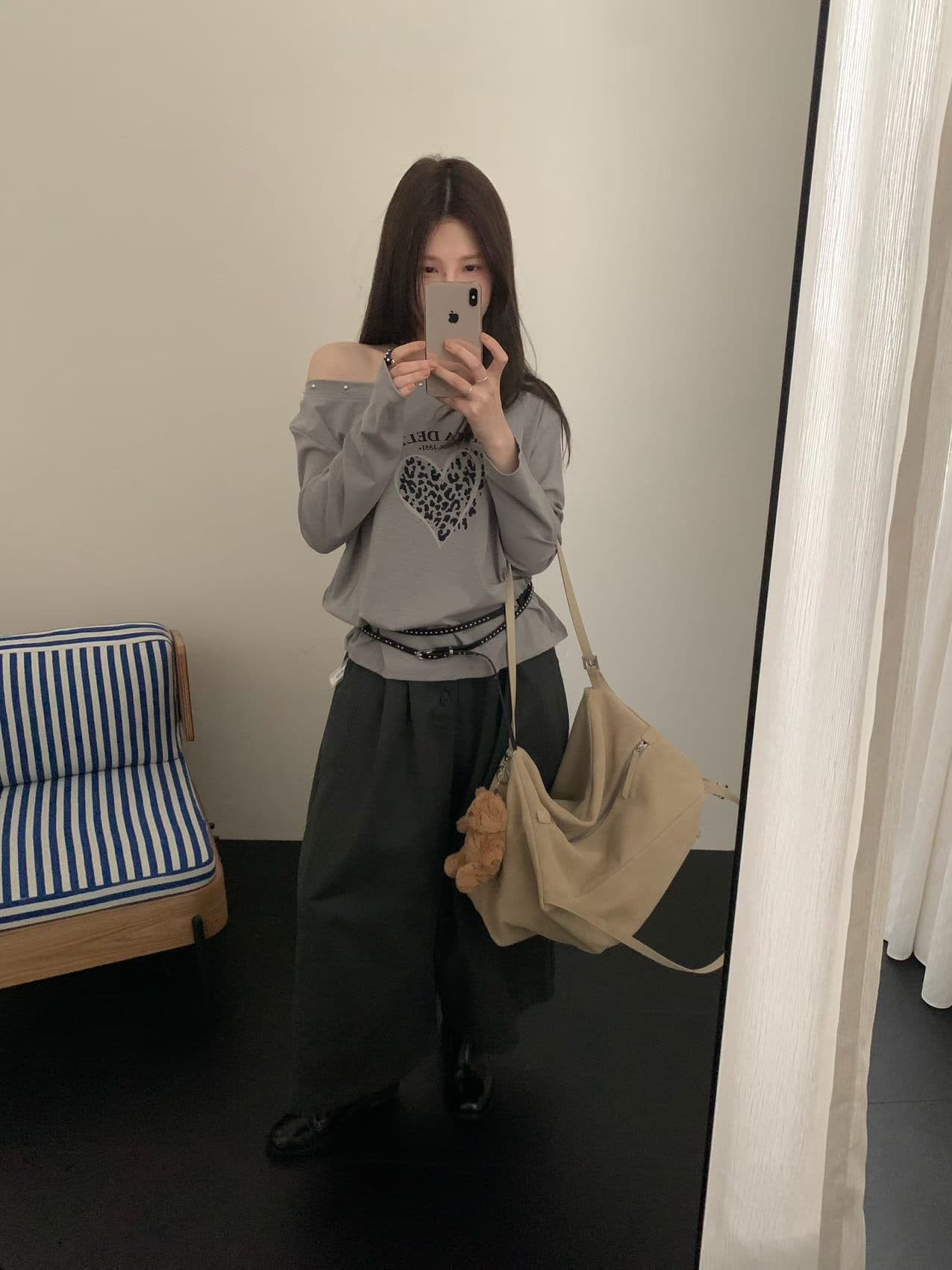 실사 26 가을 켜기 새로운 비스듬한 어깨 핫걸 t 긴팔 티셔츠 벨트 포함 상세 이미지 17