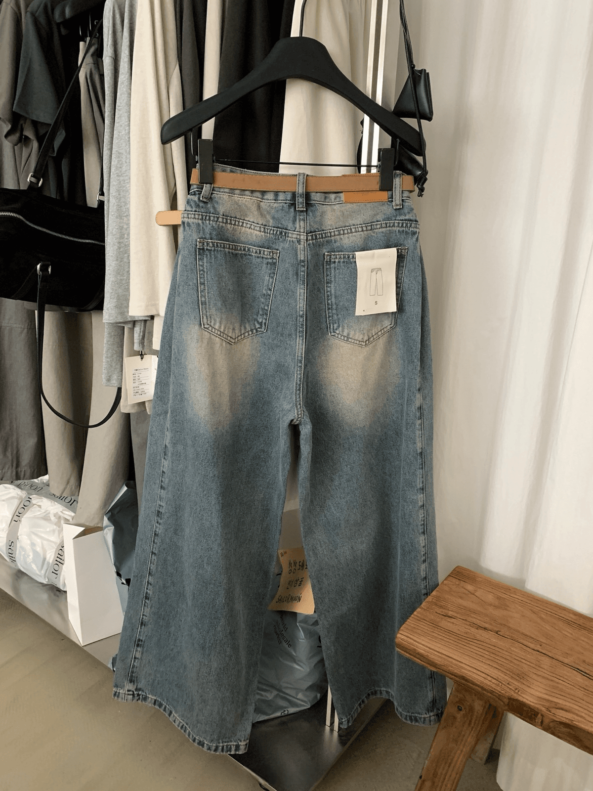 힘 싸움 리스트 넓은 다리 데님 높은 품질 한 눈 그냥 사랑에 빠지다 워싱 색상 너무 절대적으로 벨트 포함 상세 이미지 16