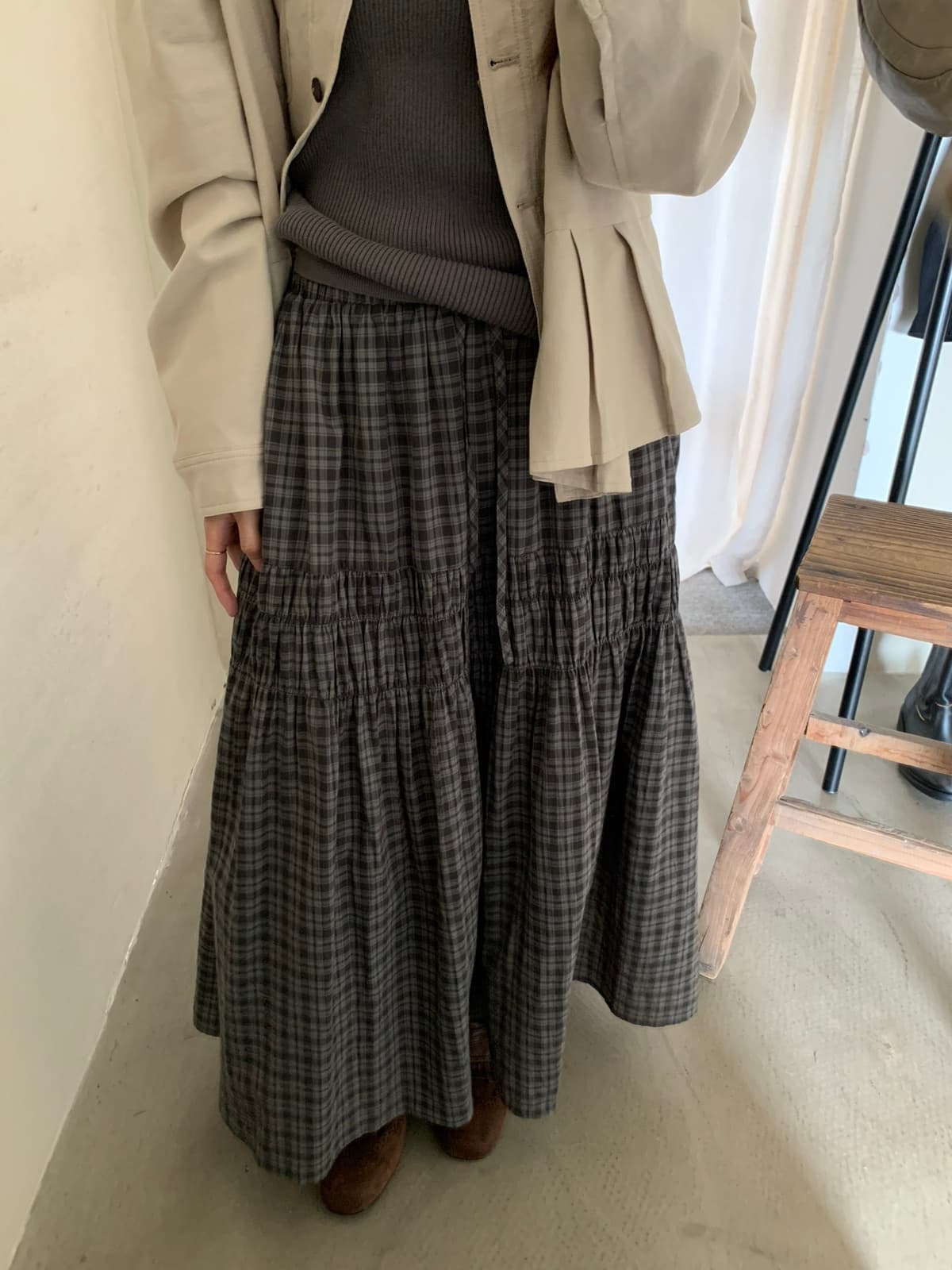 가을 켜기 새로운 문예 일본식 느긋한 체크무늬 펌프 로프 허리밴드 롱 코트 한 마디 슬림해 보이는 다용도 스웨터 반신 스커트 상세 이미지 2