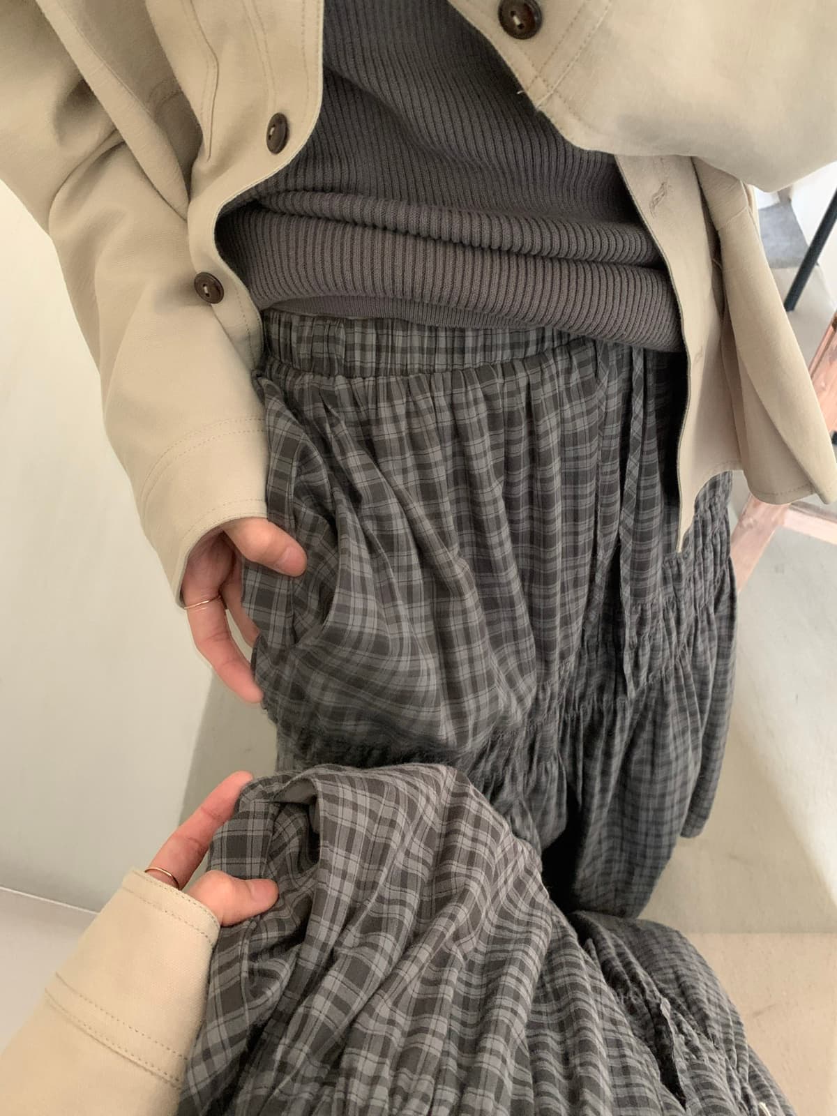 가을 켜기 새로운 문예 일본식 느긋한 체크무늬 펌프 로프 허리밴드 롱 코트 한 마디 슬림해 보이는 다용도 스웨터 반신 스커트 상세 이미지 6