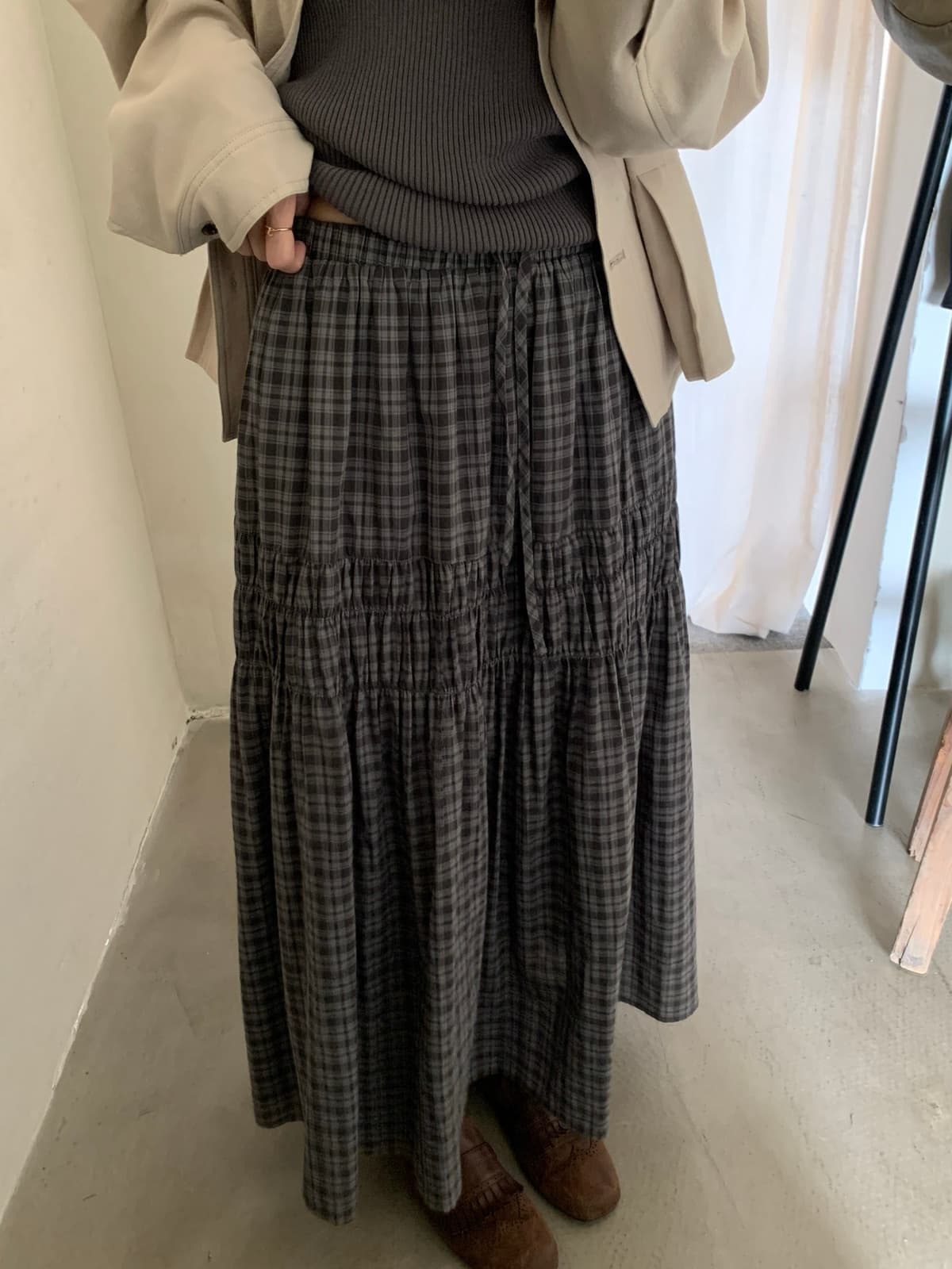 가을 켜기 새로운 문예 일본식 느긋한 체크무늬 펌프 로프 허리밴드 롱 코트 한 마디 슬림해 보이는 다용도 스웨터 반신 스커트 상세 이미지 7