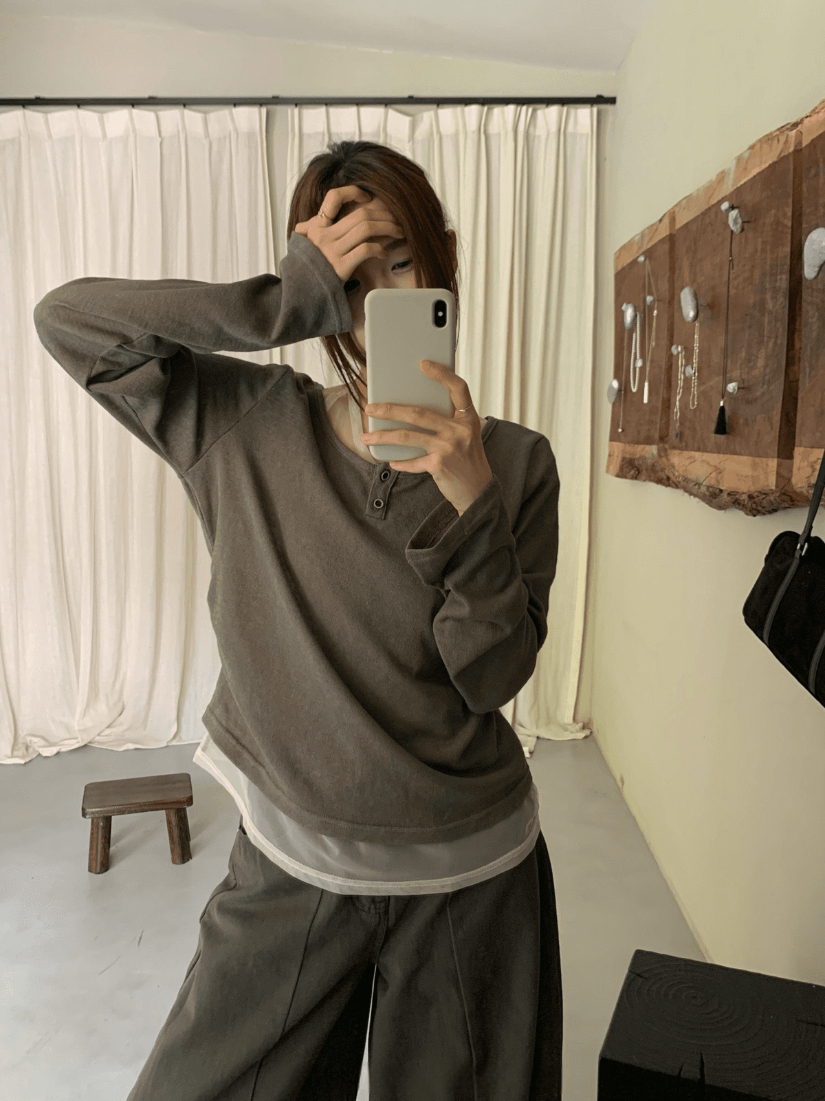 또 다른 폭발 페이크 레이어드 돌아 가기 싱글 평가 초고 상체 자이언트 자이언트 슬림해 보이는 긴팔 티셔츠 상세 이미지 5