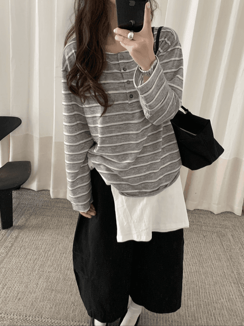가을 켜기 새로운 한 부서 스트라이프 다용도 출퇴근 긴팔 티셔츠 이미지 3