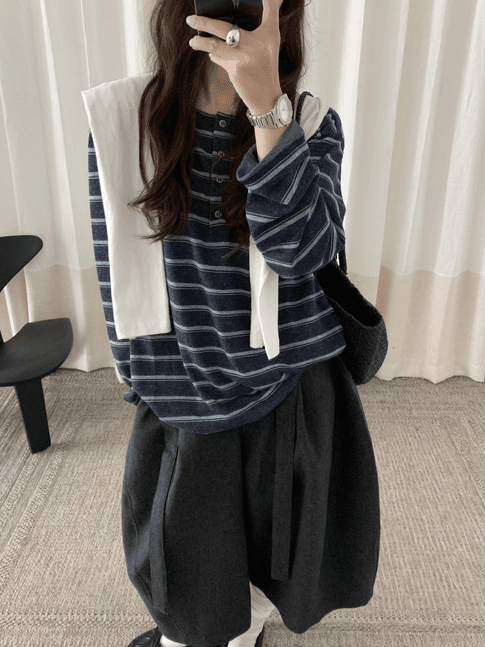 가을 켜기 새로운 한 부서 스트라이프 다용도 출퇴근 긴팔 티셔츠 이미지 4