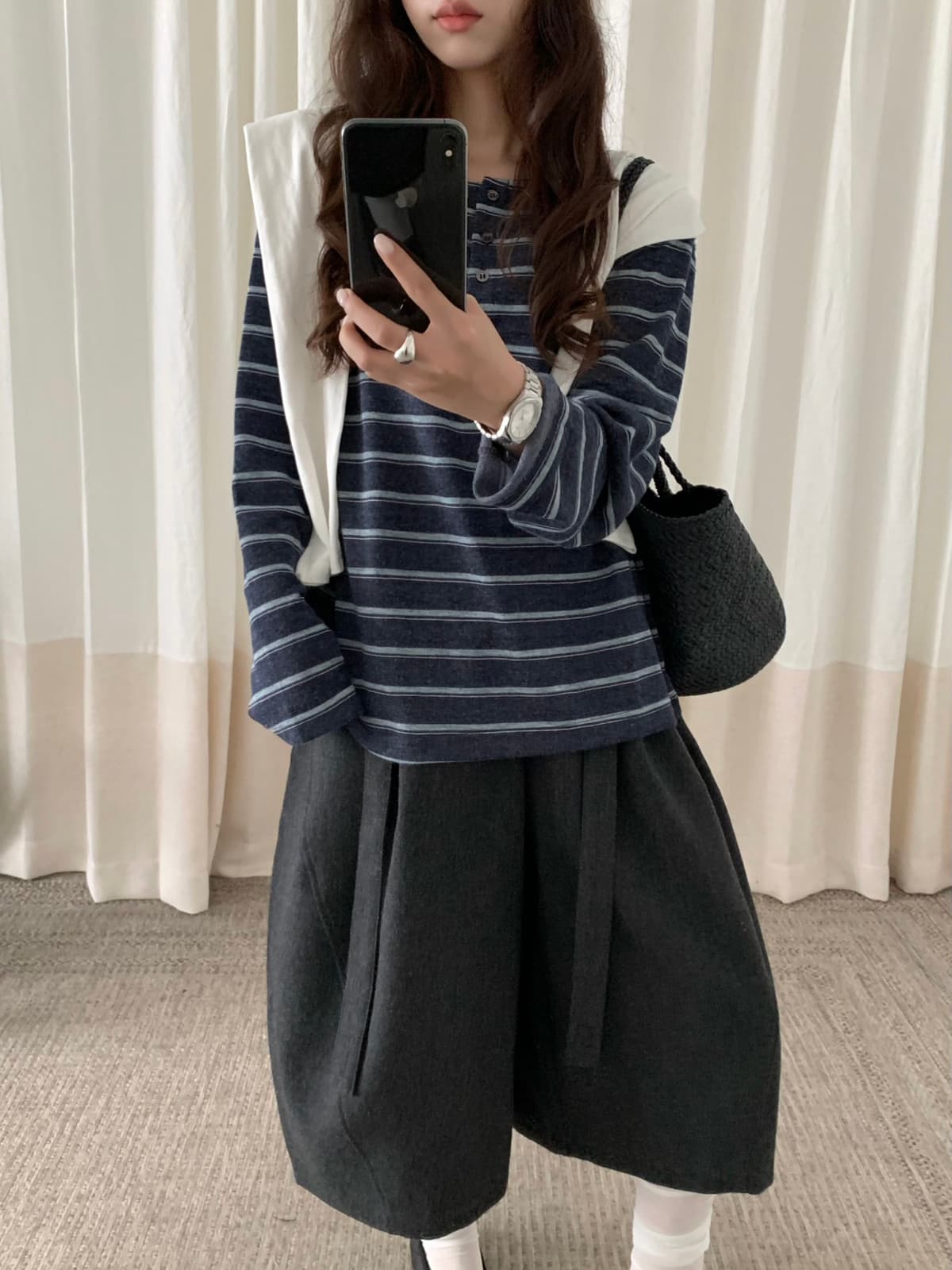 가을 켜기 새로운 한 부서 스트라이프 다용도 출퇴근 긴팔 티셔츠 이미지 5