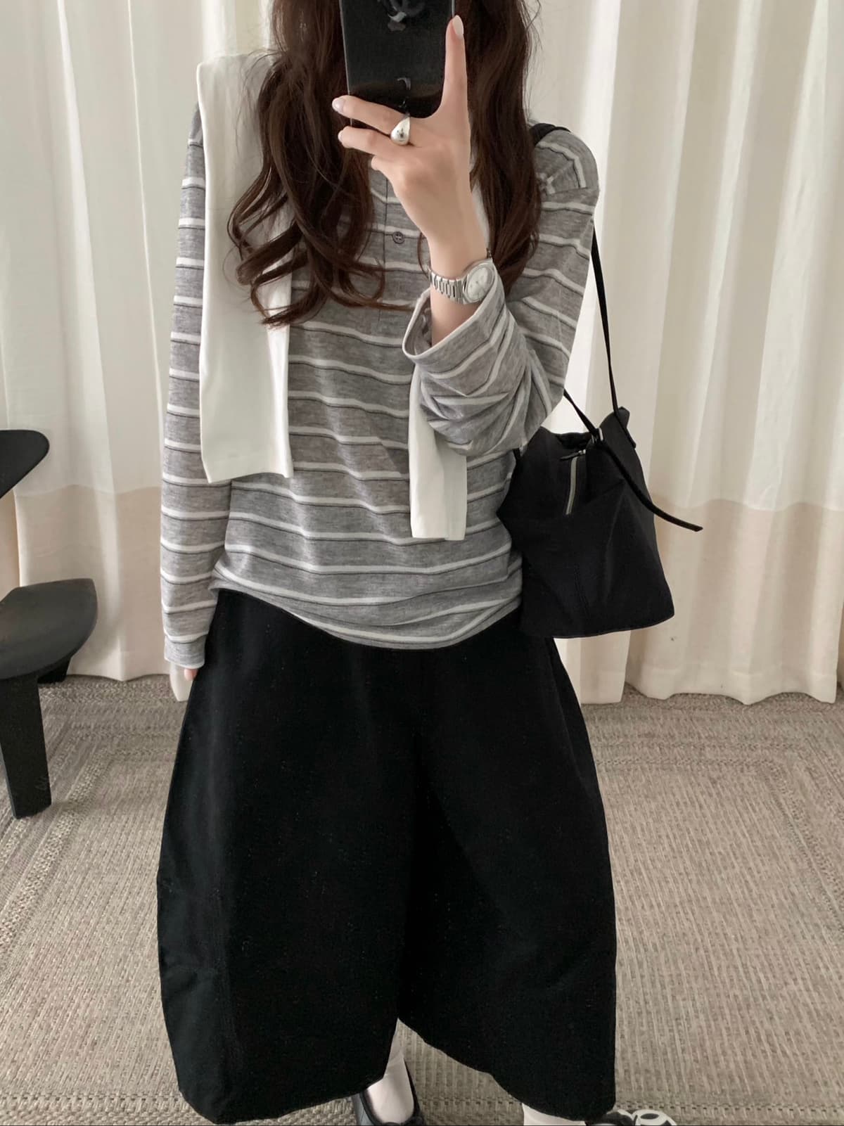 가을 켜기 새로운 한 부서 스트라이프 다용도 출퇴근 긴팔 티셔츠 상세 이미지 4