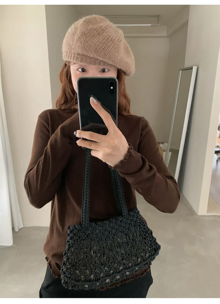 부드러운 한 부서 프릴 반하이넥 긴팔 니트 스웨터 여성 가을 몸매 가꾸기 슬림해 보이는 기본 셔츠 맨위 상세 이미지 6