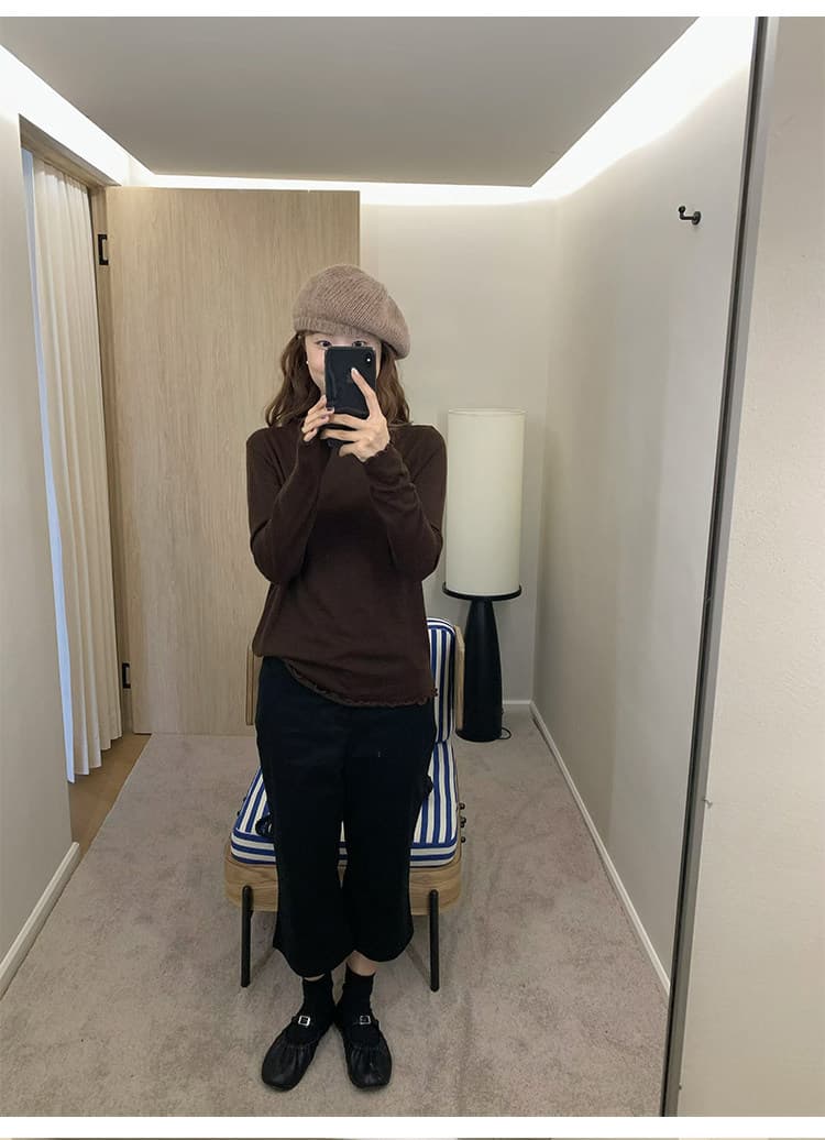 부드러운 한 부서 프릴 반하이넥 긴팔 니트 스웨터 여성 가을 몸매 가꾸기 슬림해 보이는 기본 셔츠 맨위 상세 이미지 7