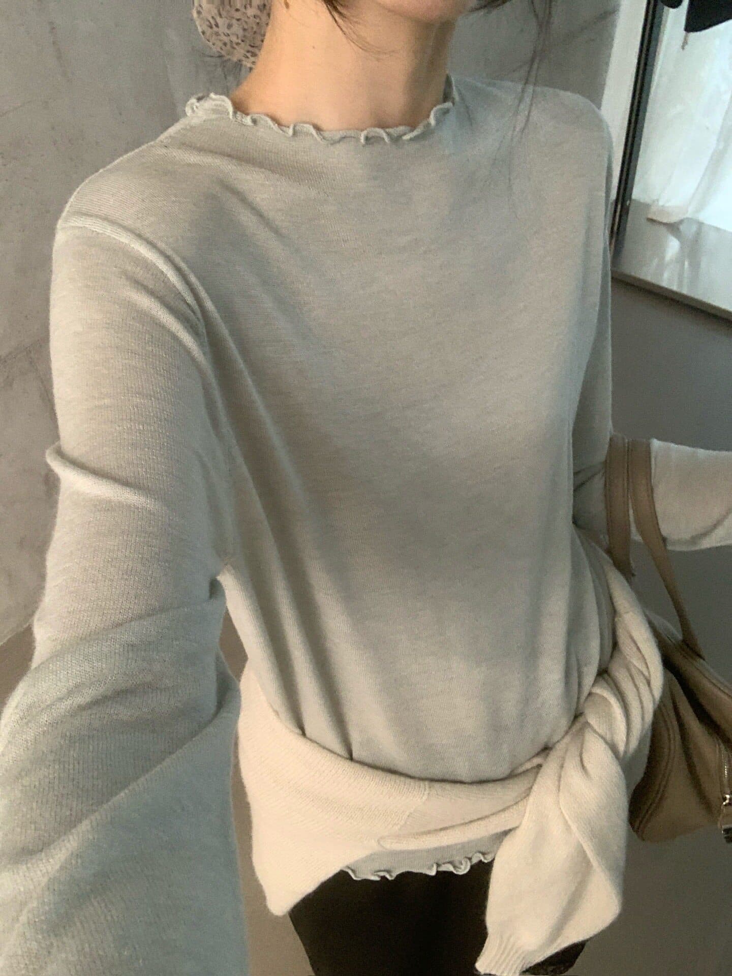 부드러운 한 부서 프릴 반하이넥 긴팔 니트 스웨터 여성 가을 몸매 가꾸기 슬림해 보이는 기본 셔츠 맨위 상세 이미지 39