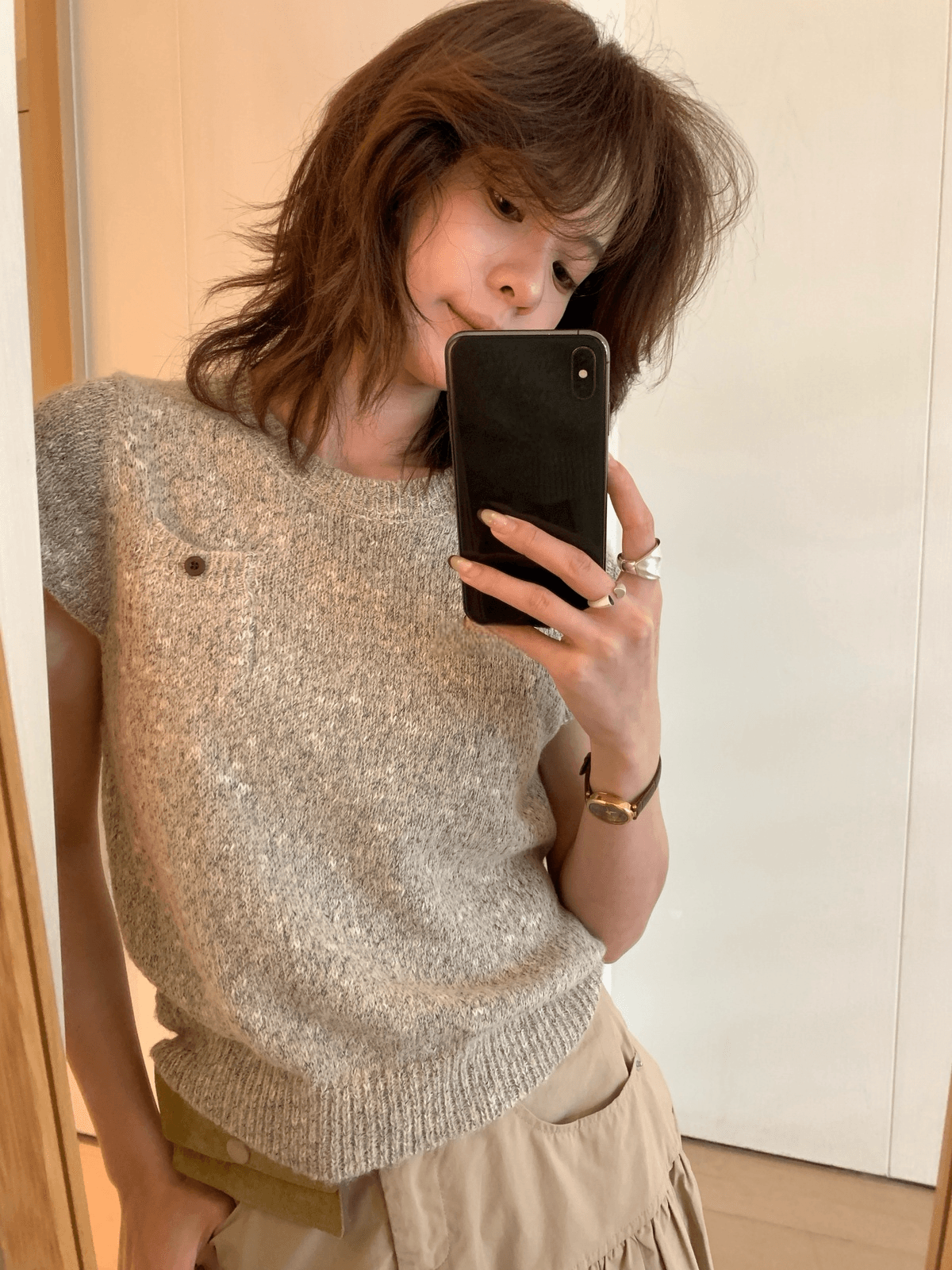이른 가을 켜기 새로운 한 부서 품격 출퇴근 작은 调性 라운드 넥 풀오버 반팔 보온 스웨터 상세 이미지 10