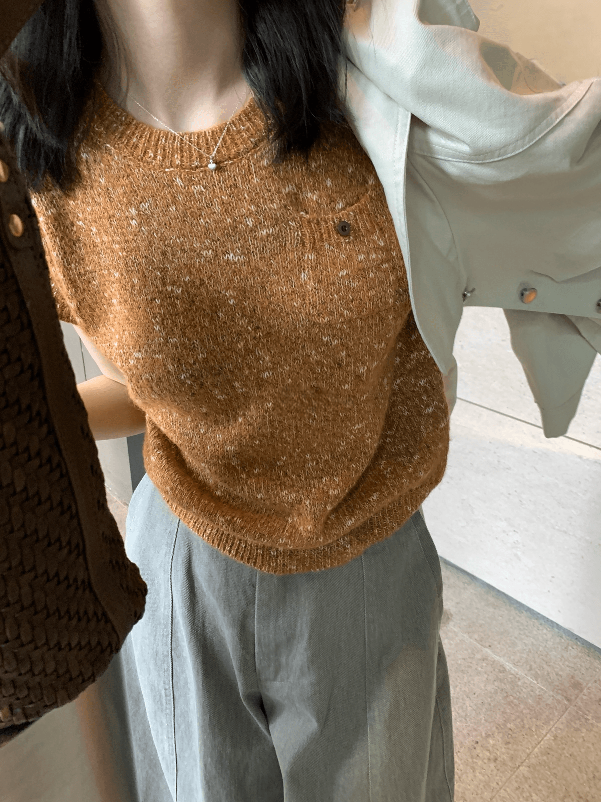 이른 가을 켜기 새로운 한 부서 품격 출퇴근 작은 调性 라운드 넥 풀오버 반팔 보온 스웨터 상세 이미지 22