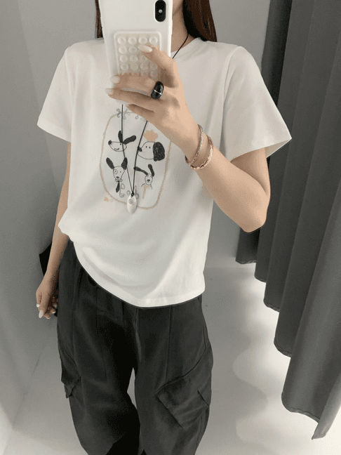 실사 26 가을 켜기 새로운 낮음 포화 된 색 라인 강아지 루즈핏 t 캐주얼 만화 프린트 자이언트 다용도 반팔 티셔츠