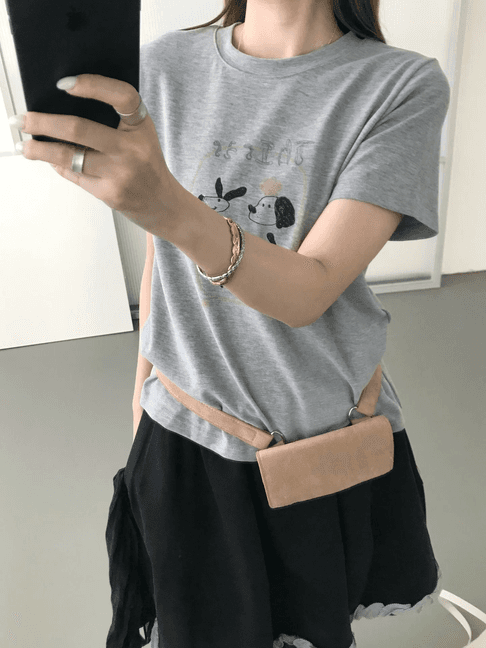 실사 26 가을 켜기 새로운 낮음 포화 된 색 라인 강아지 루즈핏 t 캐주얼 만화 프린트 자이언트 다용도 반팔 티셔츠 이미지 3