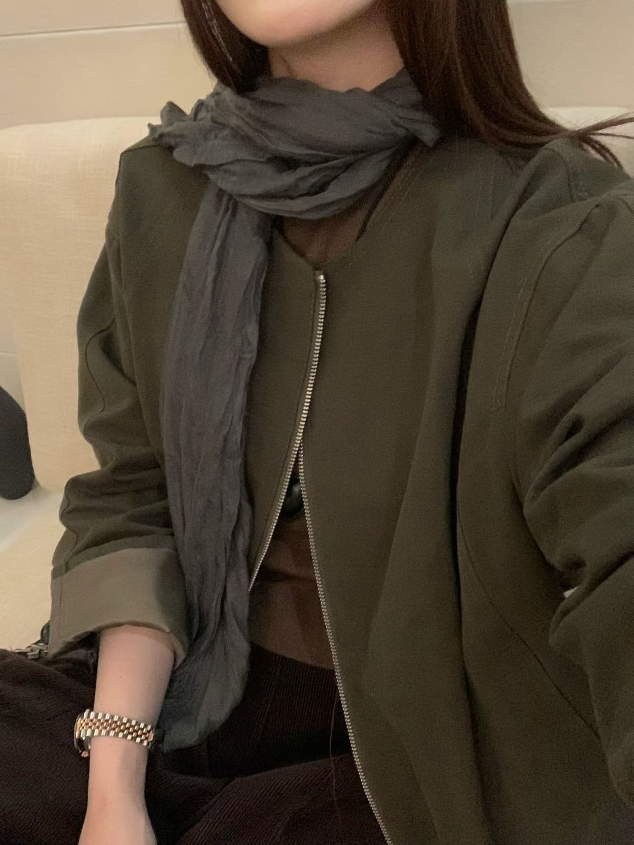 실사 26 가을 켜기 새로운 미니멀리즘 캐주얼 라운드 넥 지퍼 루즈핏 짧은 외투 가치가 없다. 스카프 상세 이미지 17