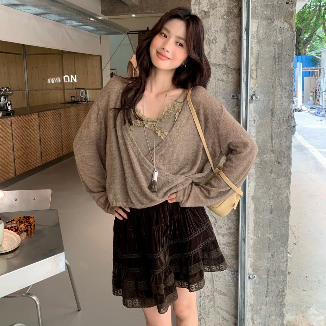 가을 켜기 새로운 슈퍼 있음 분위기 센스 느긋한 부서 스택 착용 다용도 느긋한 센스 비스듬한 삽입 단추 디자인 니트 오픈 가디건 이미지 6