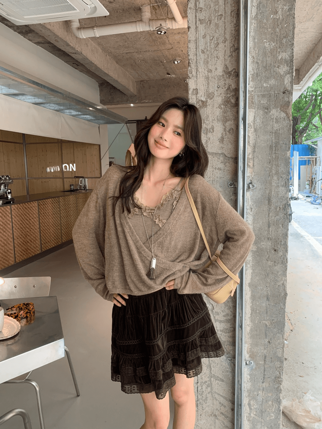 가을 켜기 새로운 슈퍼 있음 분위기 센스 느긋한 부서 스택 착용 다용도 느긋한 센스 비스듬한 삽입 단추 디자인 니트 오픈 가디건 상세 이미지 11
