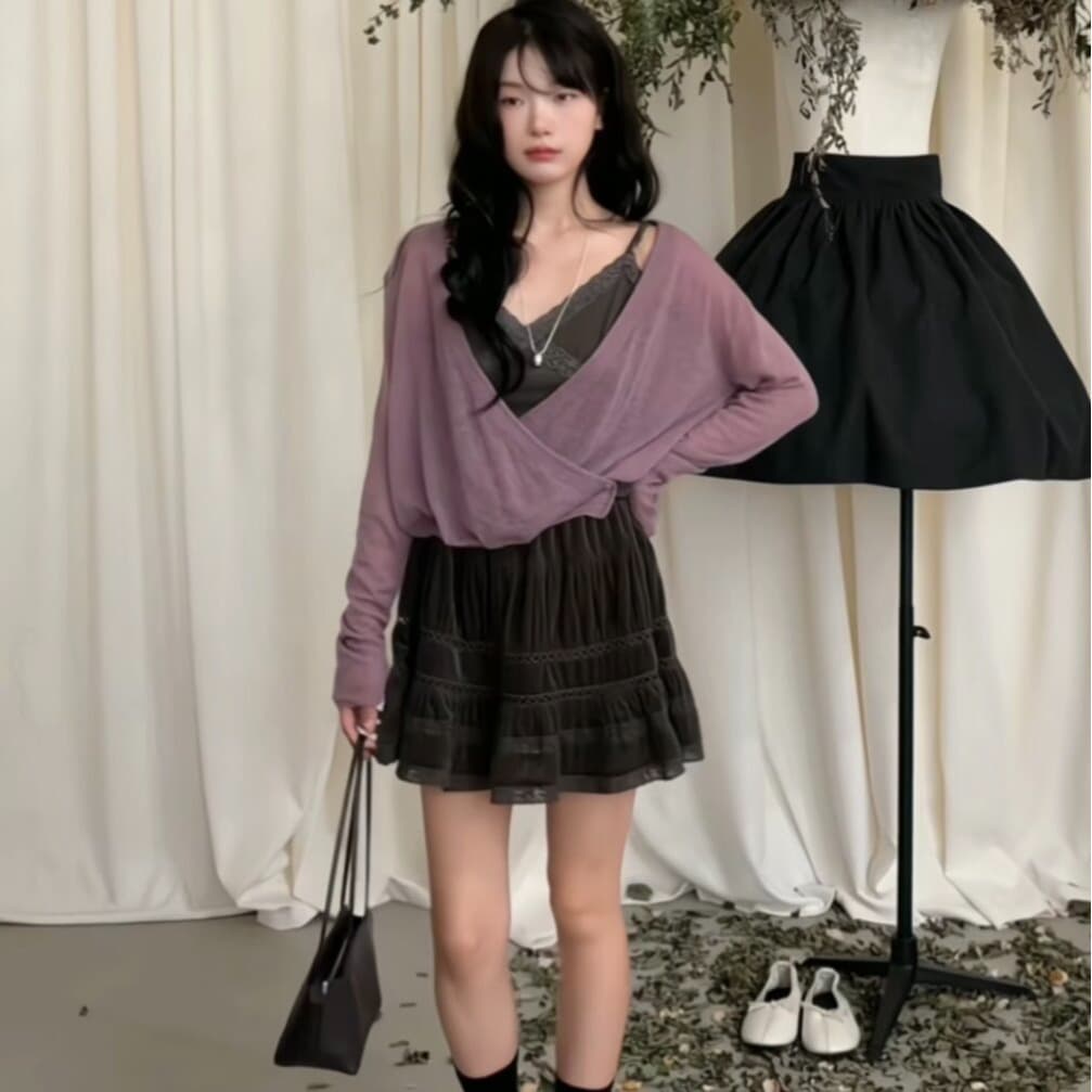 느슨함 달콤함 십자가 디자인 센스 오픈 가디건 인사이드 가져 가라. 슬립 세트 여성 가을 반신 치마바지 3종 세트 이미지 6