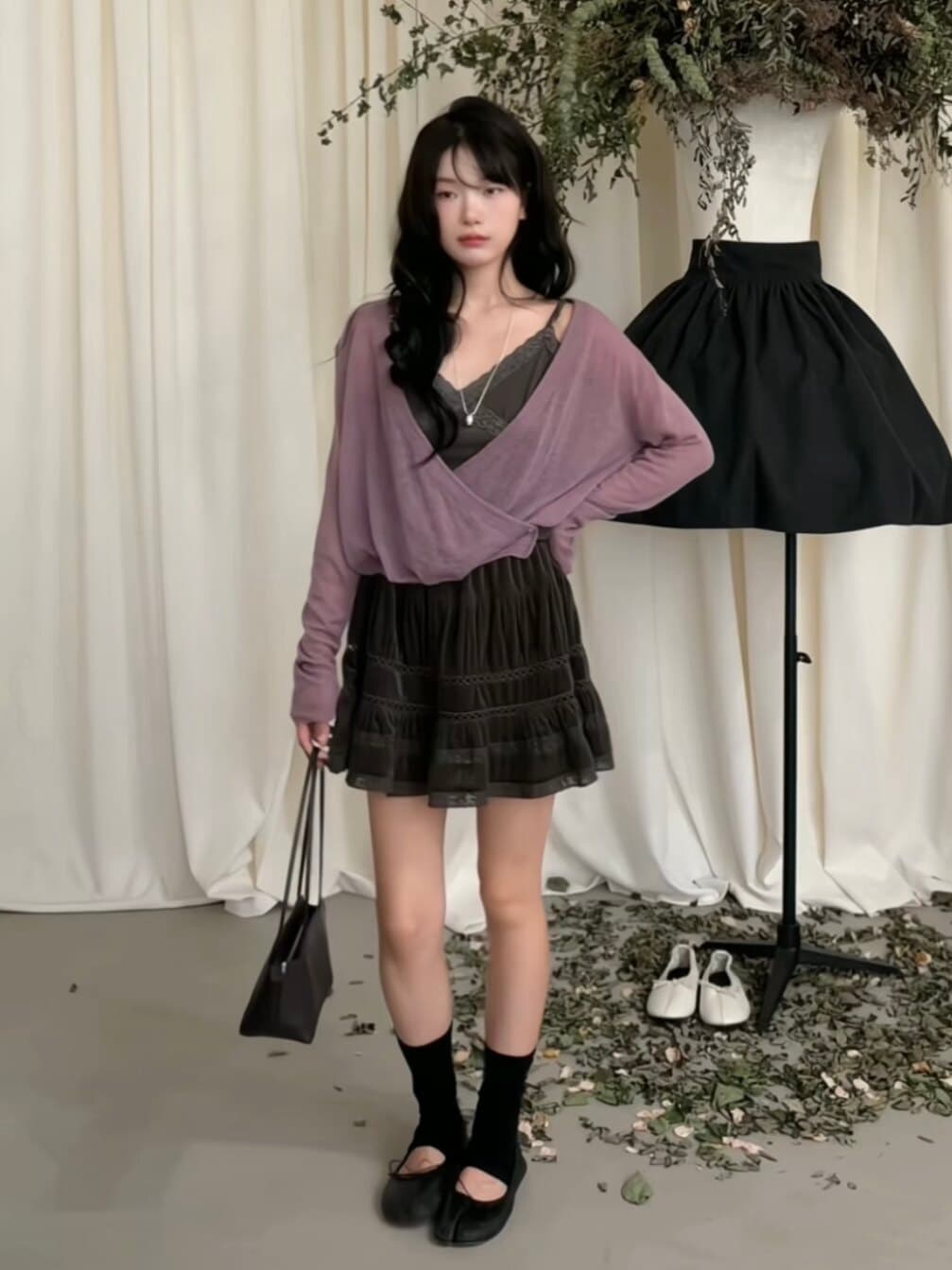 느슨함 달콤함 십자가 디자인 센스 오픈 가디건 인사이드 가져 가라. 슬립 세트 여성 가을 반신 치마바지 3종 세트 상세 이미지 1