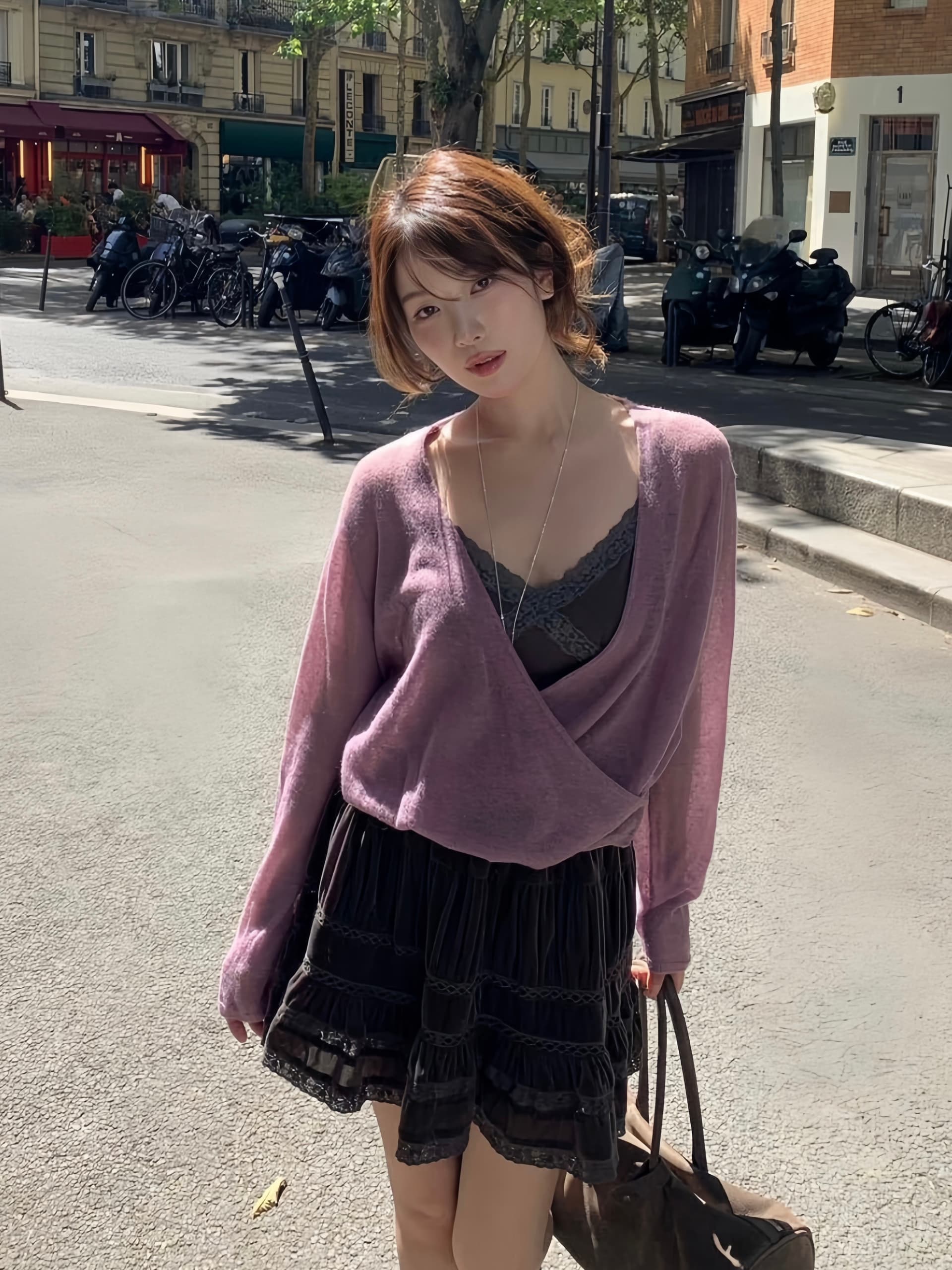 느슨함 달콤함 십자가 디자인 센스 오픈 가디건 인사이드 가져 가라. 슬립 세트 여성 가을 반신 치마바지 3종 세트 상세 이미지 2