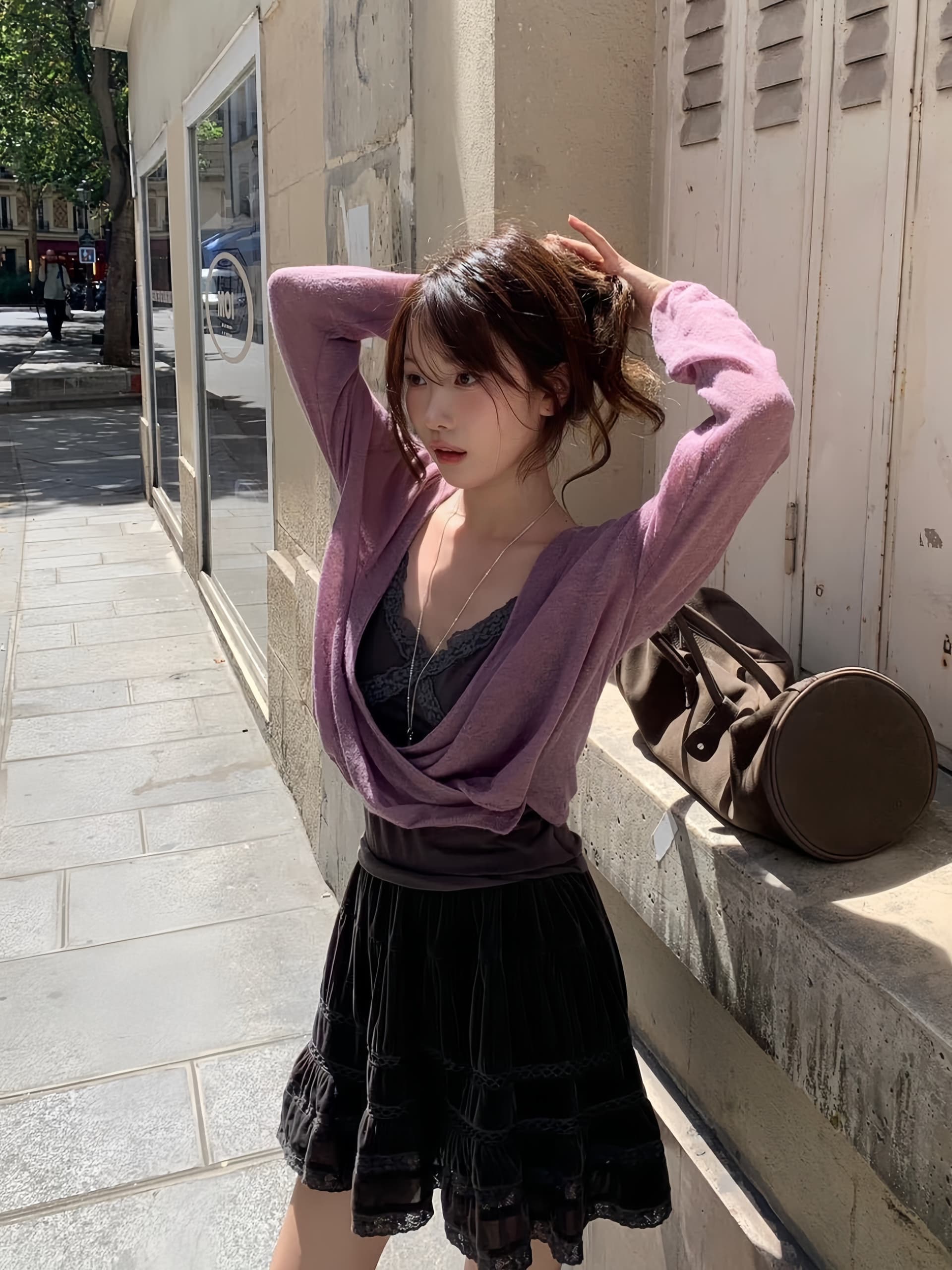 느슨함 달콤함 십자가 디자인 센스 오픈 가디건 인사이드 가져 가라. 슬립 세트 여성 가을 반신 치마바지 3종 세트 상세 이미지 4