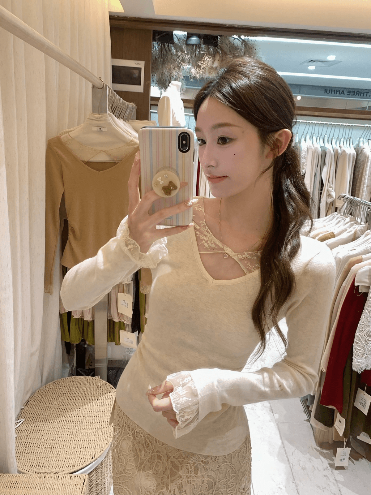 이른 가을 켜기 새로운 부드러운 ~ 중 아름다움 조정 순수한 욕망 레이스 패치워크 니트 스웨터 상세 이미지 5