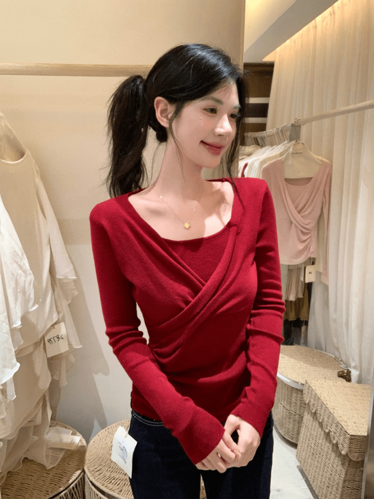 이른 가을 켜기 새로운 어떻게 오목함 모든 조각 십자가 페이크 레이어드 허리 수축 작은 셔츠 상세 이미지 2