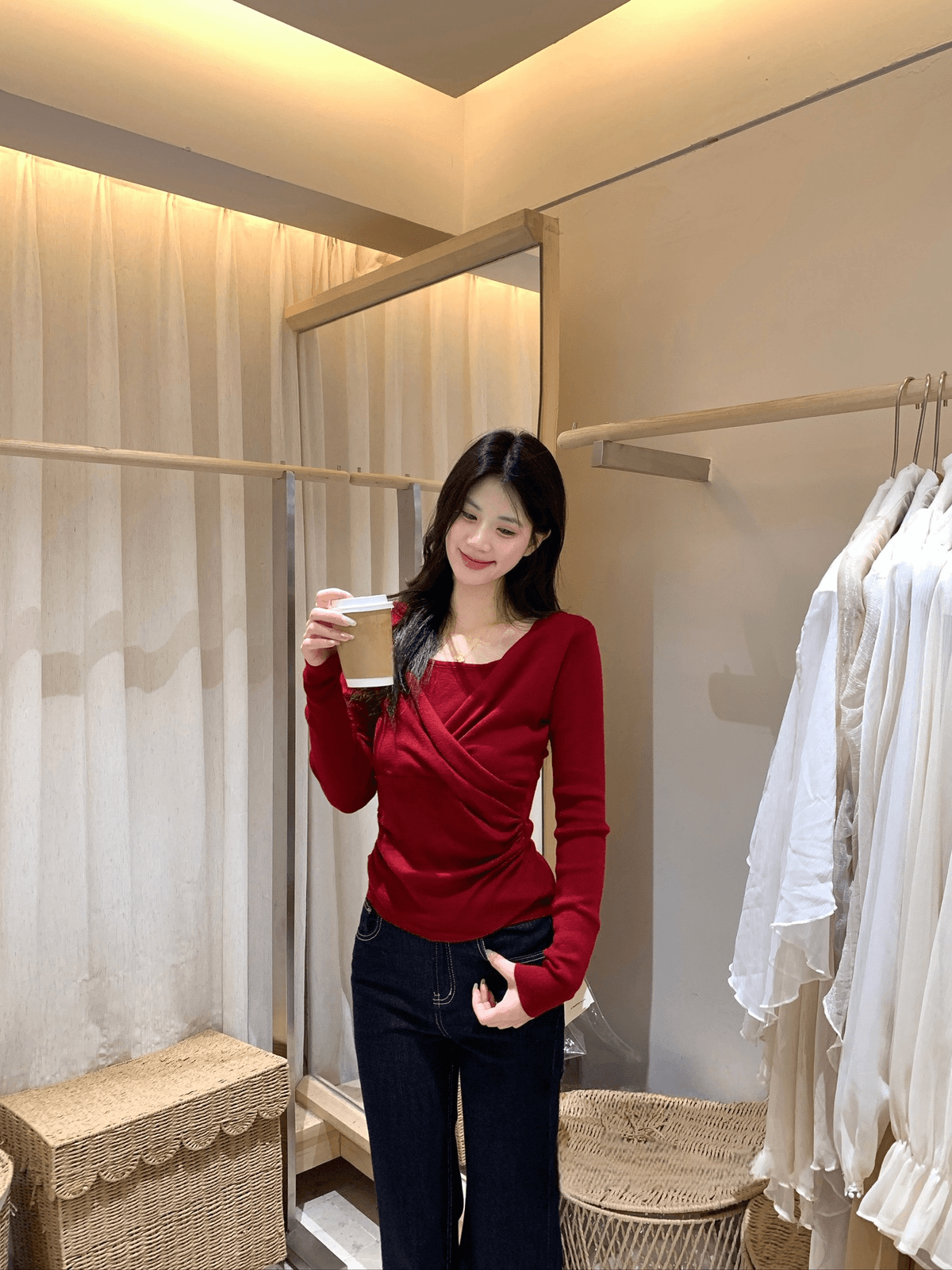 이른 가을 켜기 새로운 어떻게 오목함 모든 조각 십자가 페이크 레이어드 허리 수축 작은 셔츠 상세 이미지 4