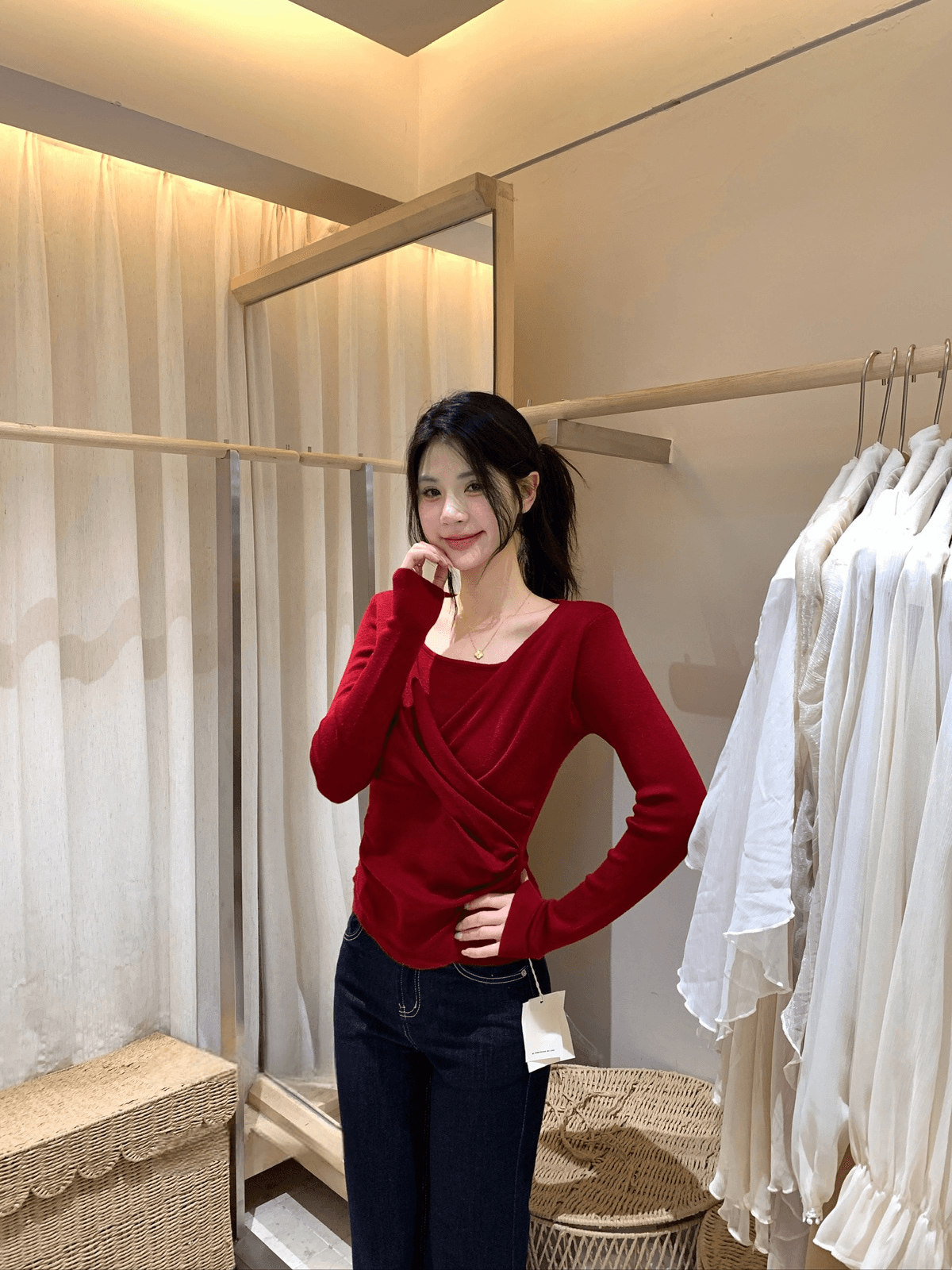 이른 가을 켜기 새로운 어떻게 오목함 모든 조각 십자가 페이크 레이어드 허리 수축 작은 셔츠 상세 이미지 6