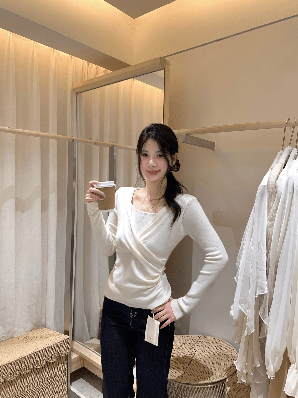 이른 가을 켜기 새로운 어떻게 오목함 모든 조각 십자가 페이크 레이어드 허리 수축 작은 셔츠 상세 이미지 8