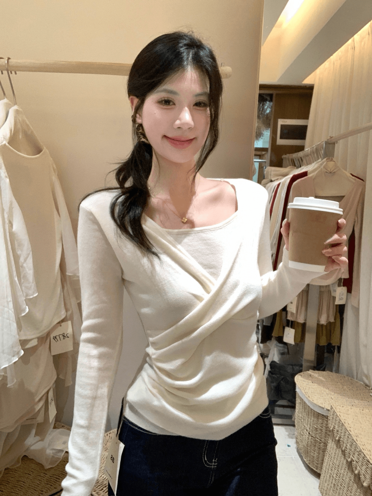 이른 가을 켜기 새로운 어떻게 오목함 모든 조각 십자가 페이크 레이어드 허리 수축 작은 셔츠 상세 이미지 9