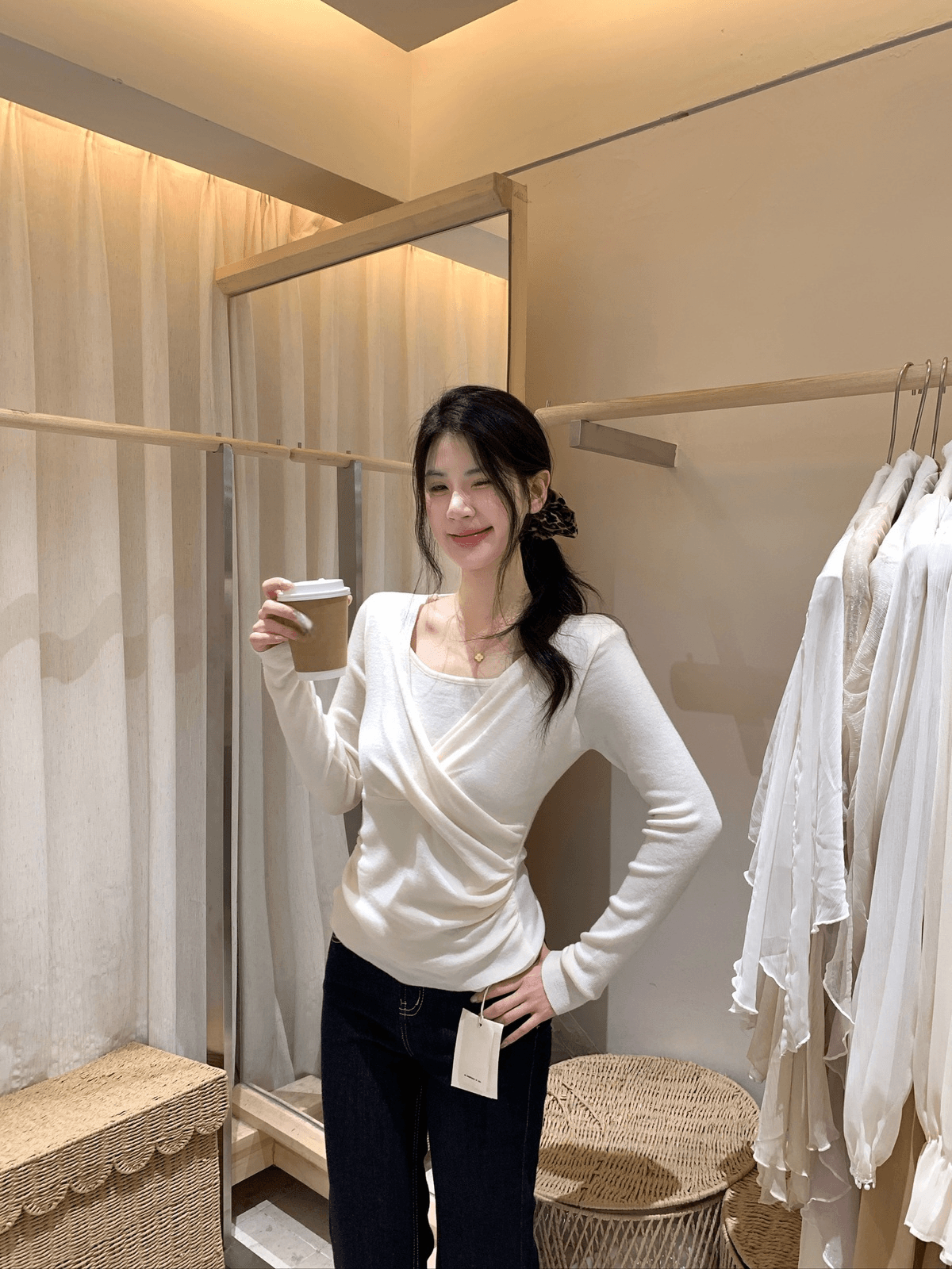 이른 가을 켜기 새로운 어떻게 오목함 모든 조각 십자가 페이크 레이어드 허리 수축 작은 셔츠 상세 이미지 11