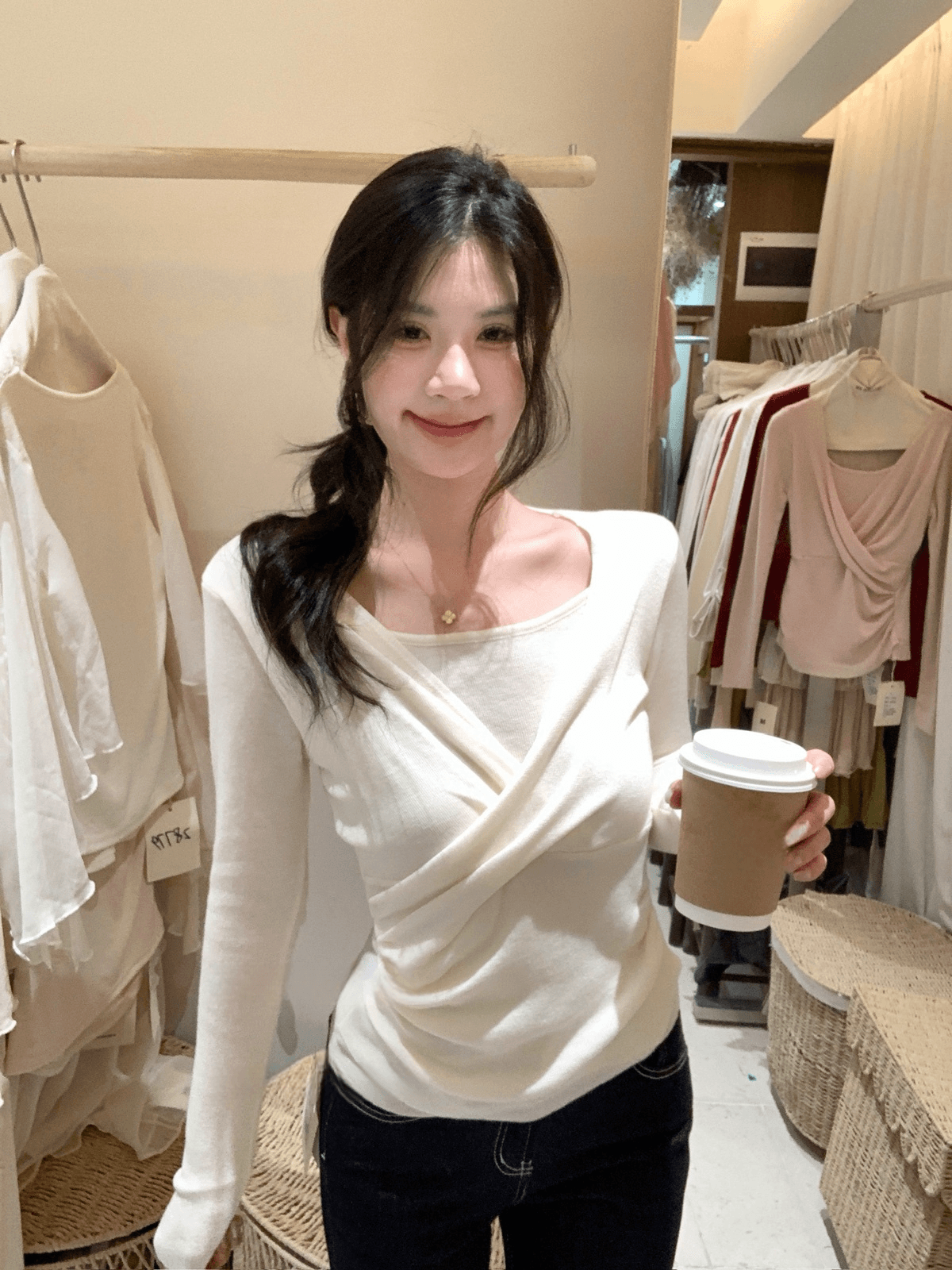 이른 가을 켜기 새로운 어떻게 오목함 모든 조각 십자가 페이크 레이어드 허리 수축 작은 셔츠 상세 이미지 12