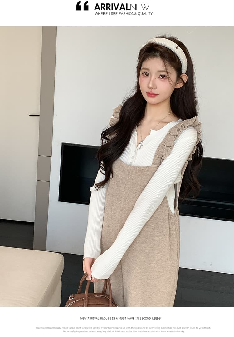 실사 임산부 2026 가을 겨울 새로운 한국 스타일 캐주얼 루즈핏 예쁜 스웨터 프릴 멜빵 바지 임산부 세트 상세 이미지 12