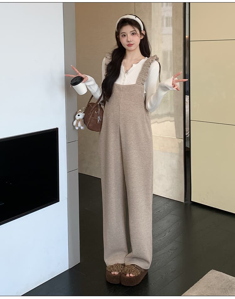 실사 임산부 2026 가을 겨울 새로운 한국 스타일 캐주얼 루즈핏 예쁜 스웨터 프릴 멜빵 바지 임산부 세트 상세 이미지 23