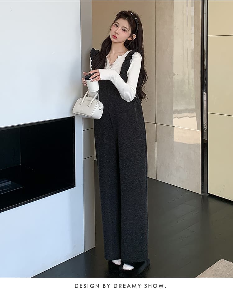 실사 임산부 2026 가을 겨울 새로운 한국 스타일 캐주얼 루즈핏 예쁜 스웨터 프릴 멜빵 바지 임산부 세트 상세 이미지 36