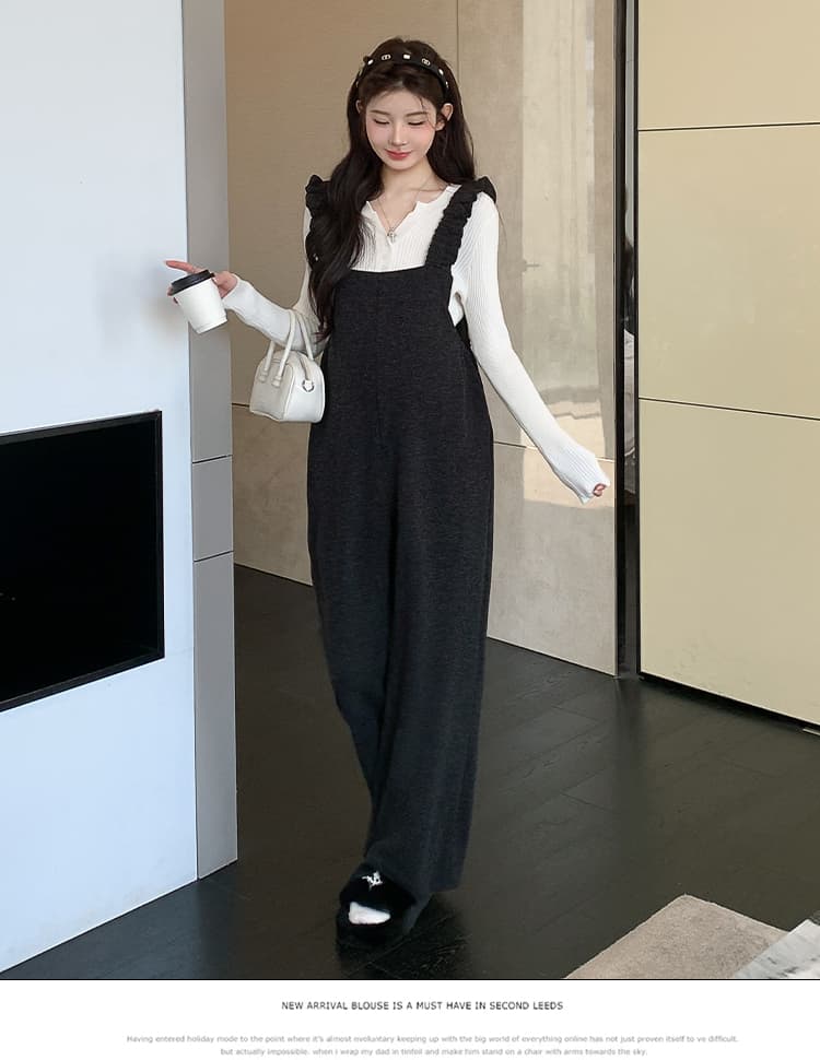 실사 임산부 2026 가을 겨울 새로운 한국 스타일 캐주얼 루즈핏 예쁜 스웨터 프릴 멜빵 바지 임산부 세트 상세 이미지 38