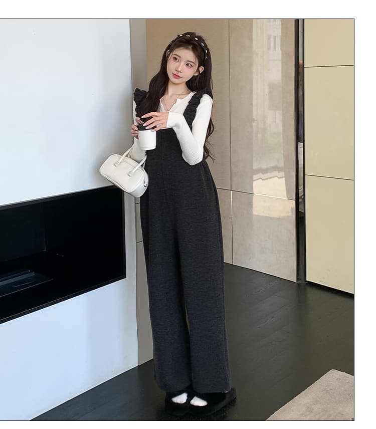 실사 임산부 2026 가을 겨울 새로운 한국 스타일 캐주얼 루즈핏 예쁜 스웨터 프릴 멜빵 바지 임산부 세트 상세 이미지 39