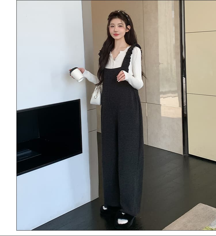 실사 임산부 2026 가을 겨울 새로운 한국 스타일 캐주얼 루즈핏 예쁜 스웨터 프릴 멜빵 바지 임산부 세트 상세 이미지 40