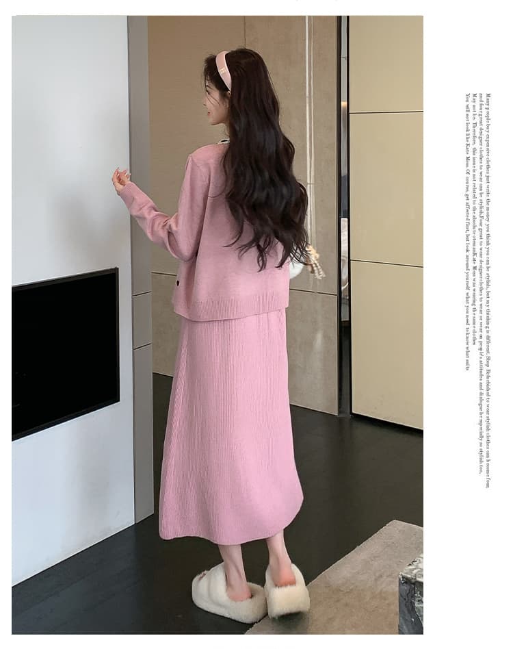 실사 출산 착용 가을 겨울 신제품 루즈핏 빅 사이즈 패션 달콤함 연령 감소 오픈 가디건 슬립 드레스 투피스 세트 상세 이미지 22