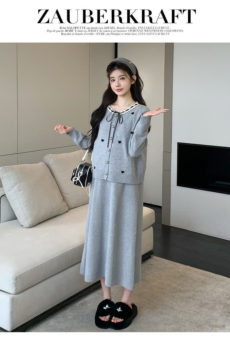 실사 출산 착용 가을 겨울 신제품 루즈핏 빅 사이즈 패션 달콤함 연령 감소 오픈 가디건 슬립 드레스 투피스 세트 상세 이미지 34