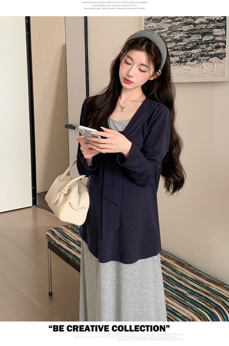 실사 출산 착용 빅 사이즈 느슨함 센스 페이크 레이어드 레이스업 긴팔 티셔츠 다용도 기본 셔츠 맨위 반신 스커트 상세 이미지 29
