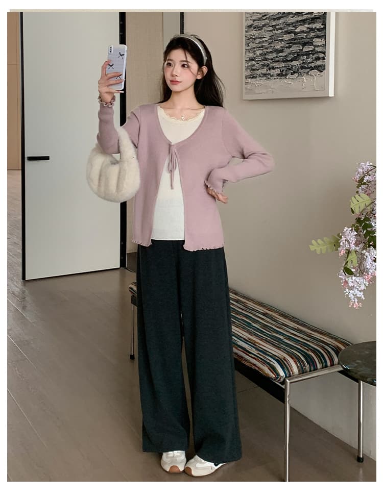 실사 지금 출산 착용 가을 겨울 새로운 프릴 페이크 레이어드 니트 맨위 찹쌀 플러시 와이드 레그 팬츠 세트 상세 이미지 20