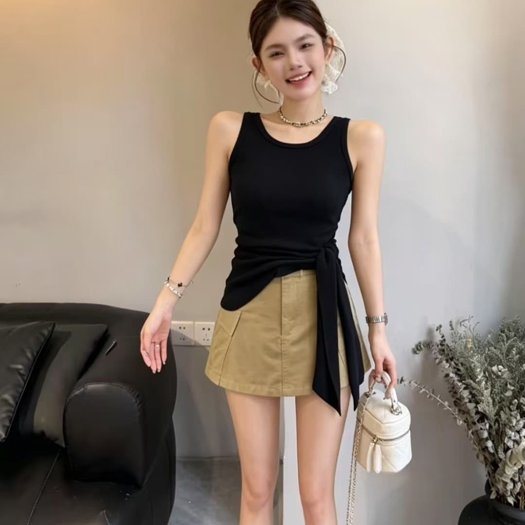불규칙 레이스업 조끼 달콤한 차가운 워크웨어 반바지 그룹 세트 이미지 5