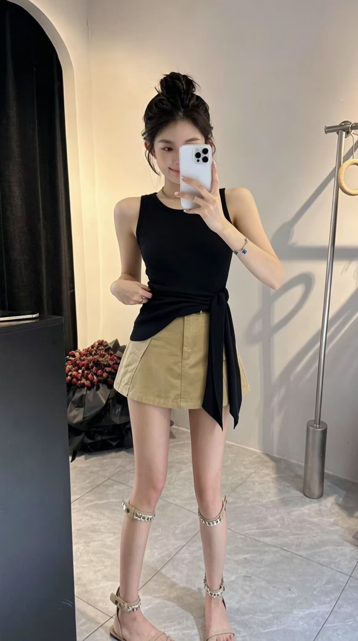 불규칙 레이스업 조끼 달콤한 차가운 워크웨어 반바지 그룹 세트 상세 이미지 2