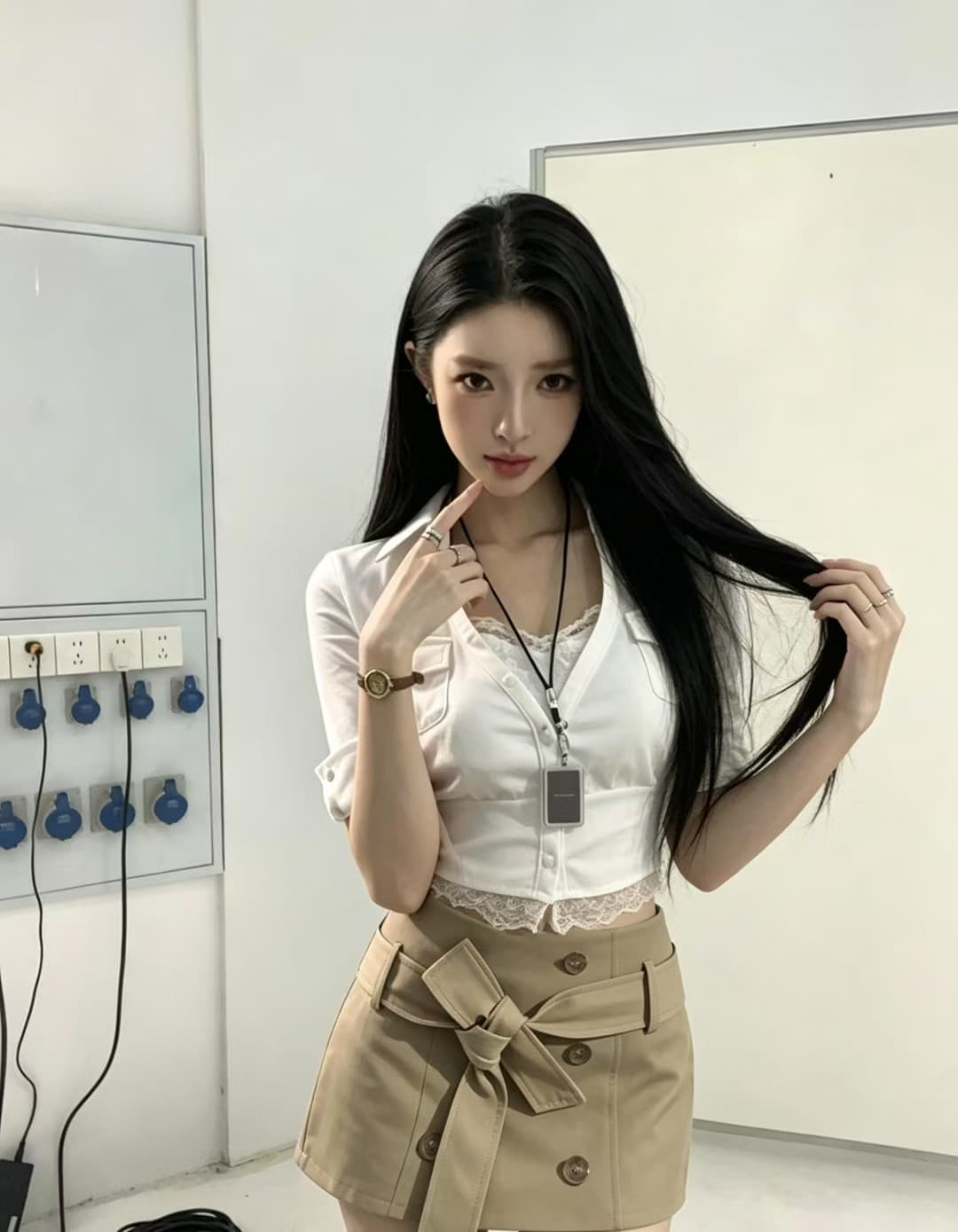 아메리칸 순수한 욕망 바람 화이트 레이스 조각 여름 새로운 작은 대중 섹시함 짧은 맨위 반신 스커트 투피스 세트 상세 이미지 3