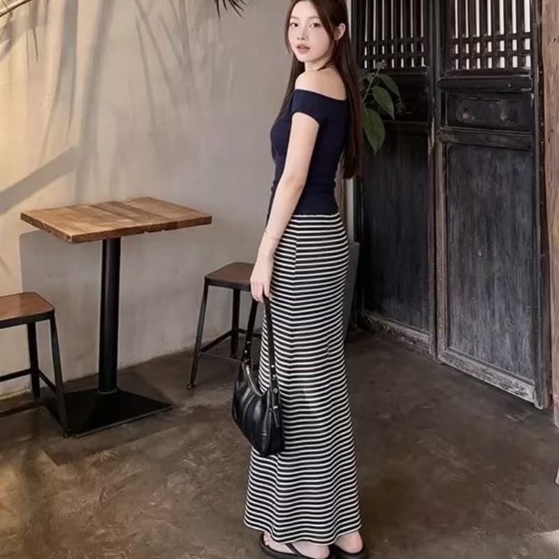 프랑스식 느긋한 투피스 세트 캐주얼 비스듬한 칼라 리본 풀오버 맨위 티셔츠 펌프 로프 스트레이트 반신 스커트 롱 스커트 세트 이미지 5