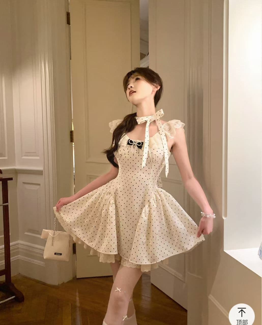 달콤한 동물의 젊은 작은 사슴 푸 푸 달 있음 소매 섹션 miu 부서 도트 무늬 살구 색상 여성 드레스 천 금빛 바람 허리 수축 치마 이미지 2